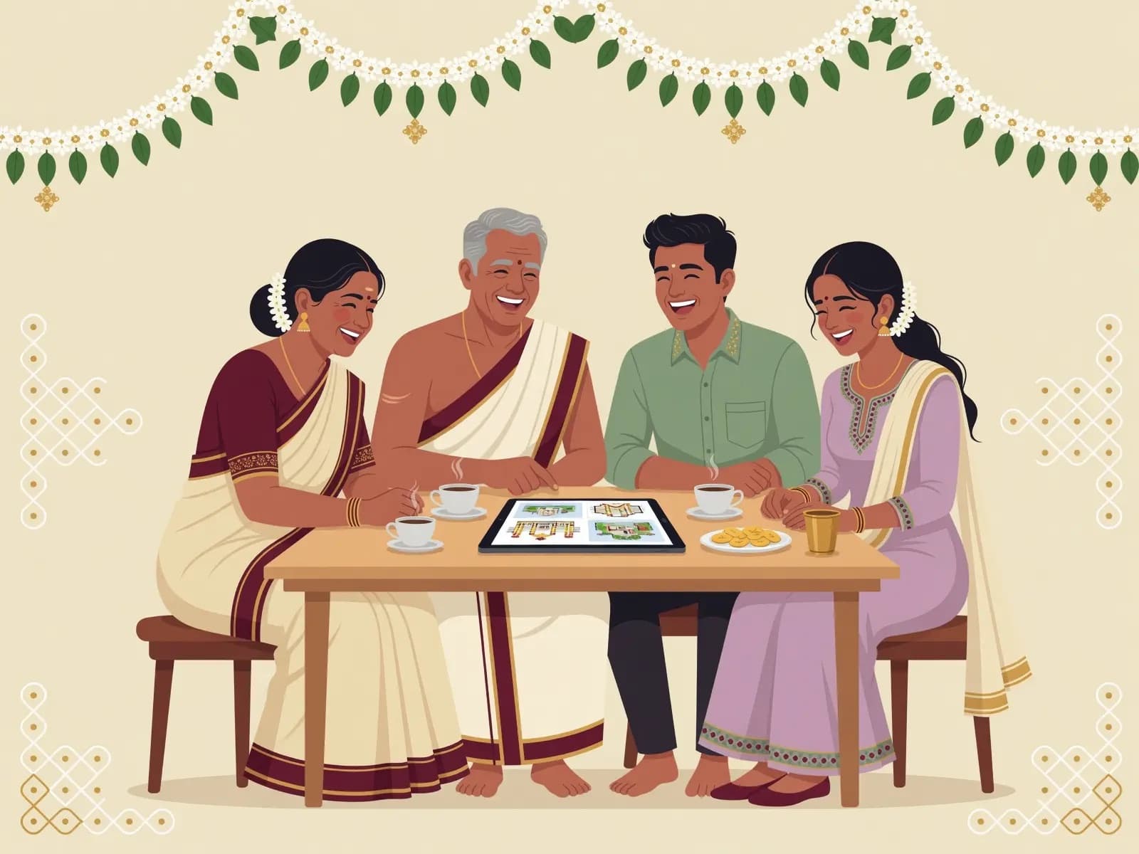Kerala parents discussing happily with their son and his fiancée over a tablet