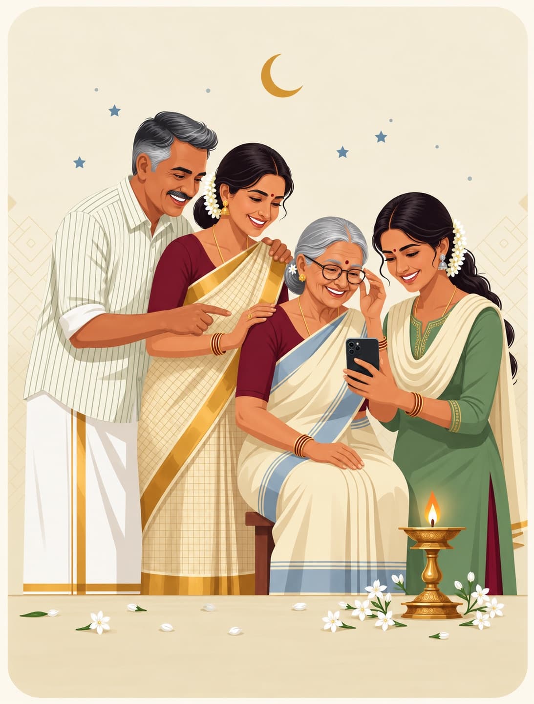 A Kerala family smiling and reading a Nilavu report together on a phone