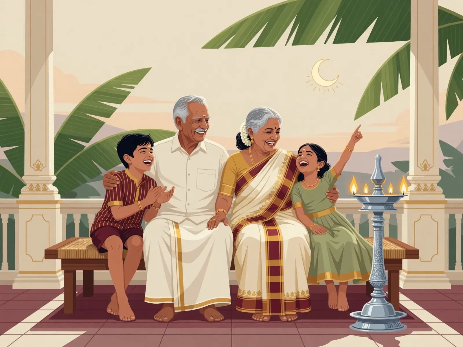 Kerala grandparents laughing with their grandchildren on a veranda